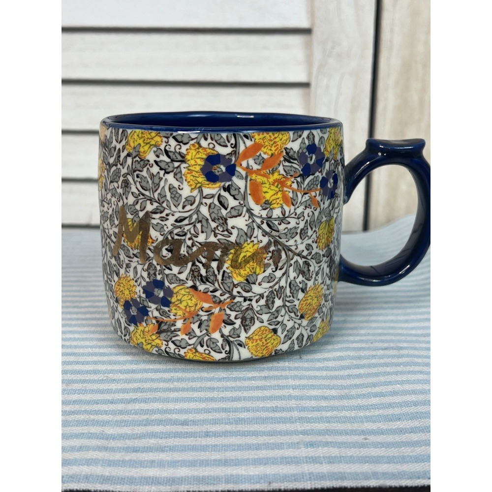 Anthropologie Mama Floral Ceramic Coffee Mug Blue Gold Botanical Gift Garden